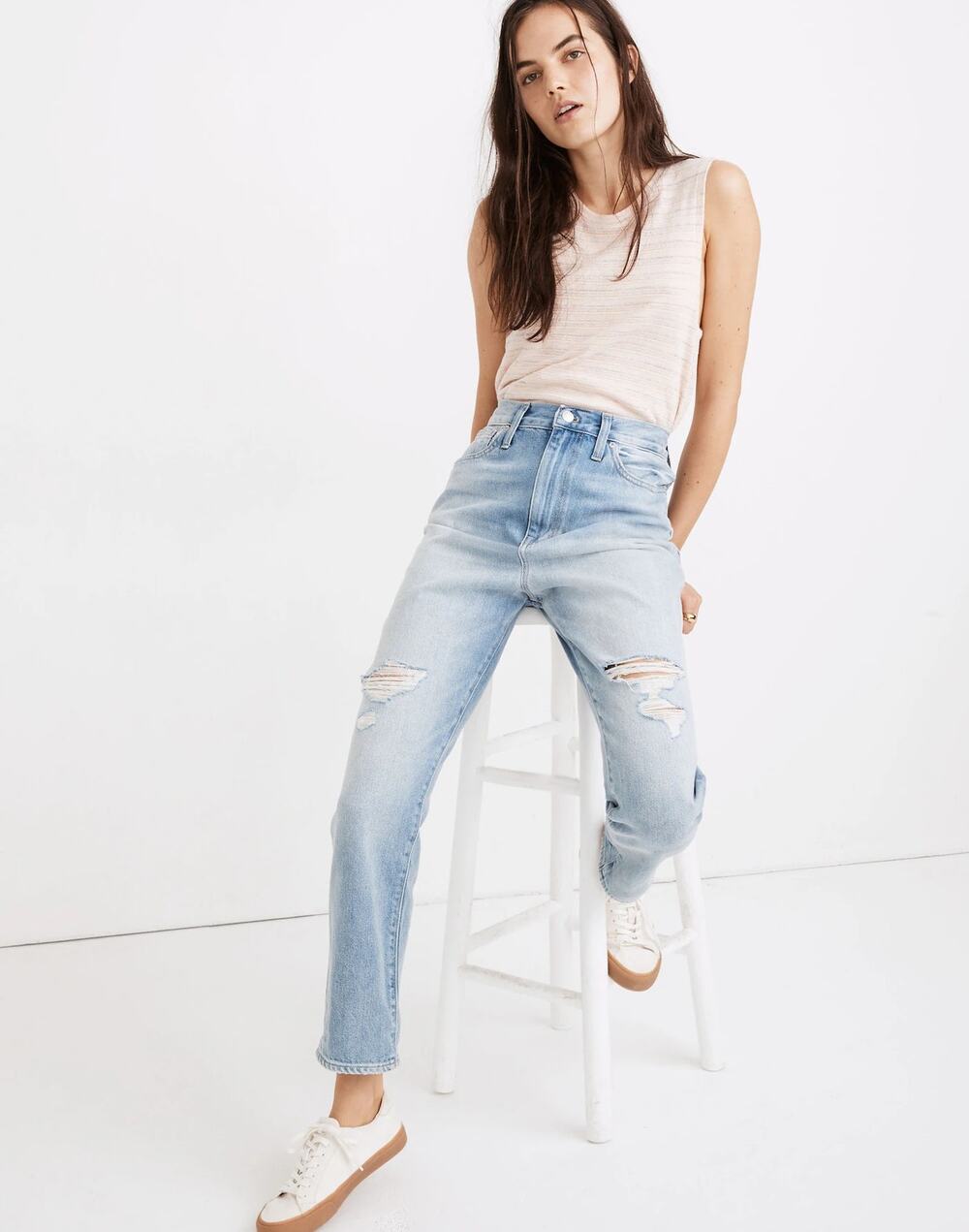 Madewell Momjean Jeans Blue Denim Ripped High Rise Tapered Leg Sz 29